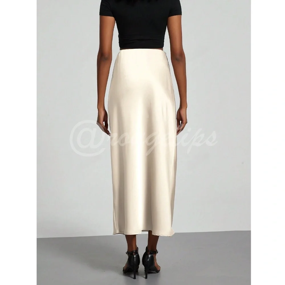 Champagne Beige Satin A-Line Skirt High Waisted Long - Picture 5 of 11